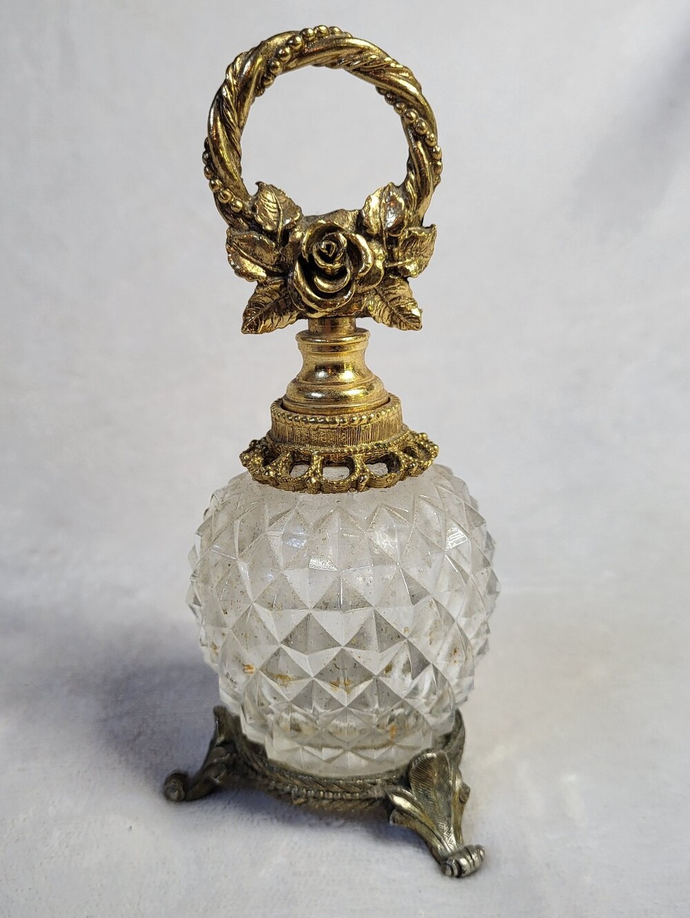 vintage Matson ormolu perfume bottle, diamond-point pressed glass